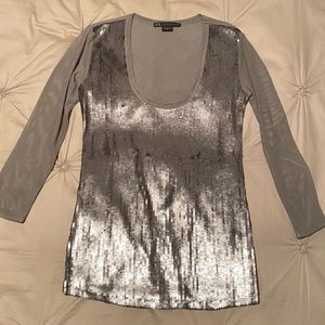 Armani Exchange Sequin Top with Mesh Sleeve